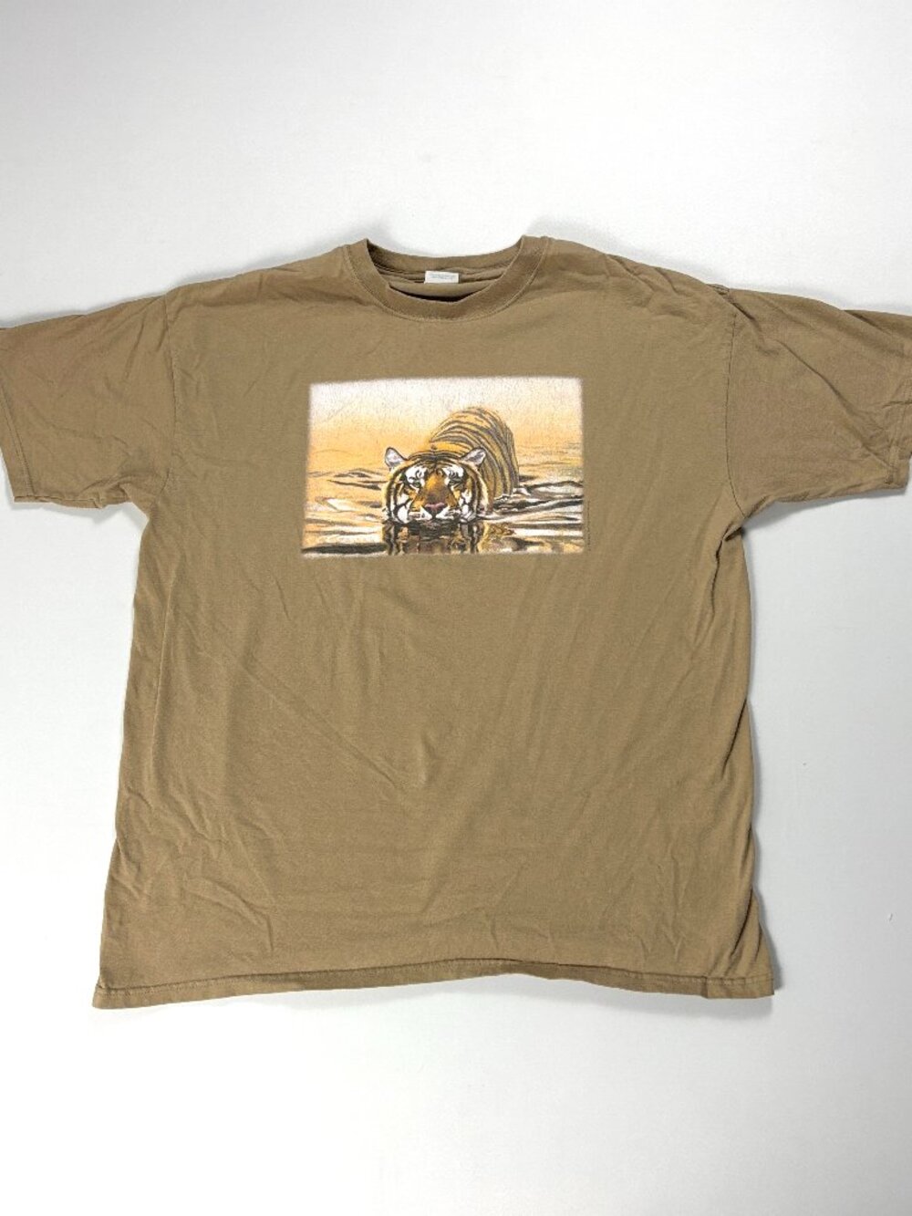 Vintage Tiger Stalking In Water T Shirt Tan Sz XL Anvil Animal 1998